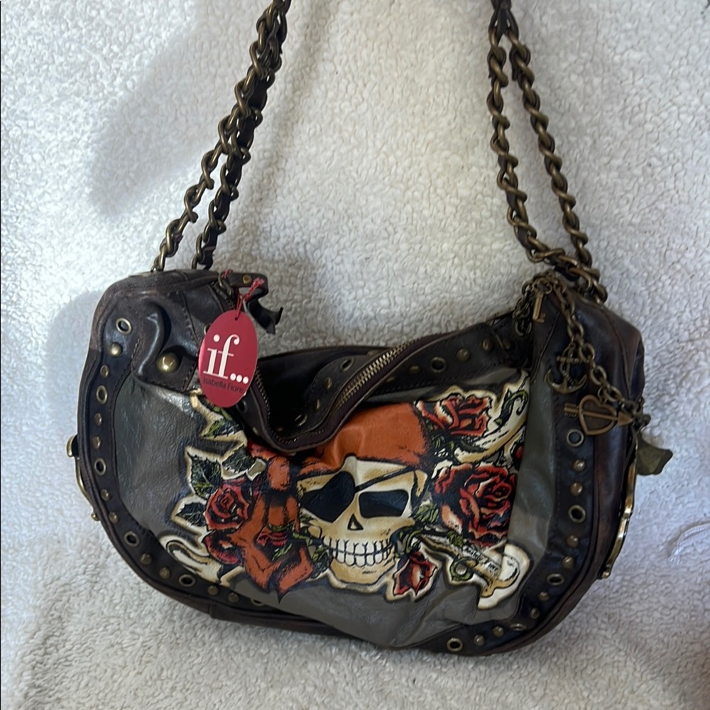 Isabella Fiore Brown and Orange Shoulder Bag with Skull Design